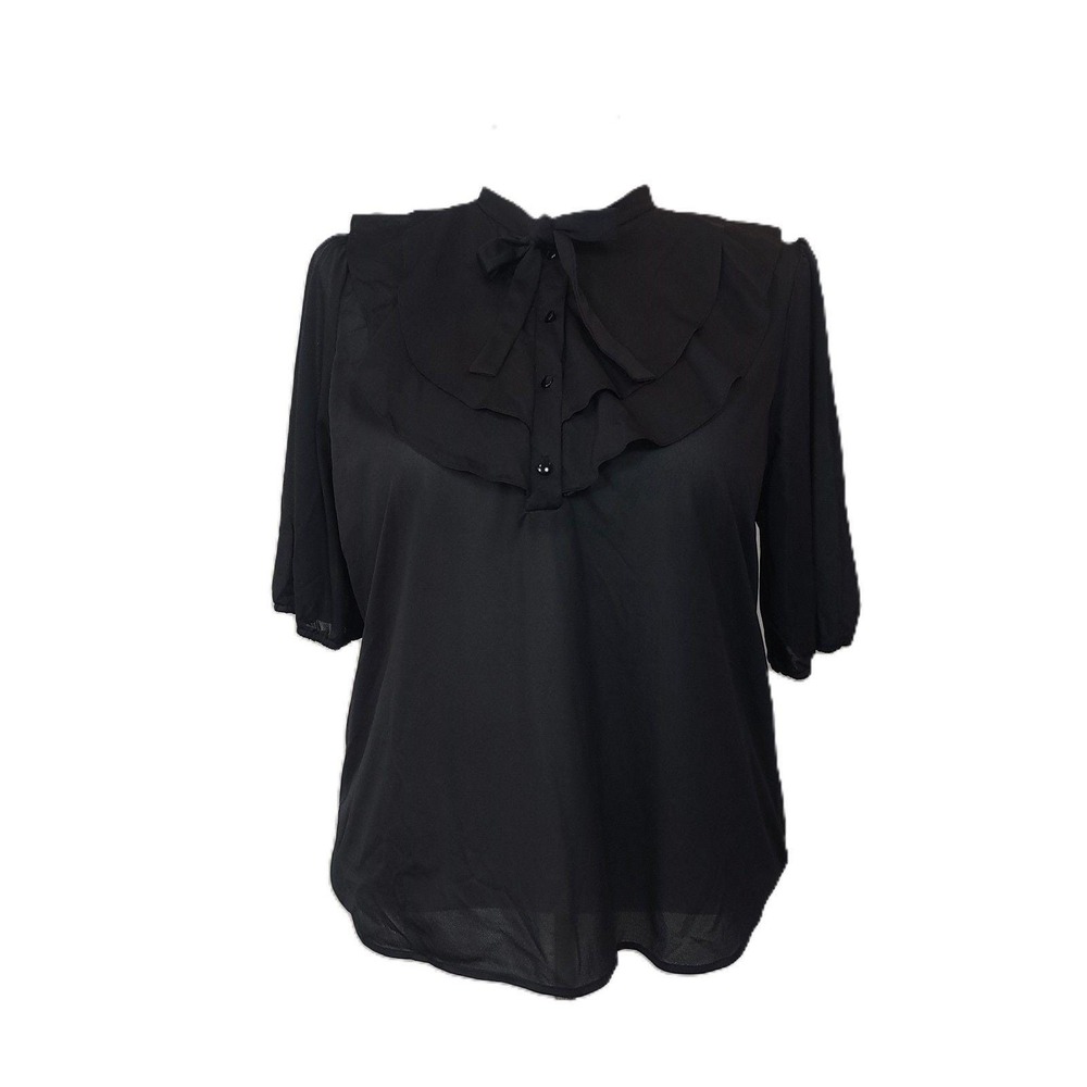 Vintage Cal Togs II Black Ruffle Blouse – Size 42 (Lg) , Bow Tie Neck